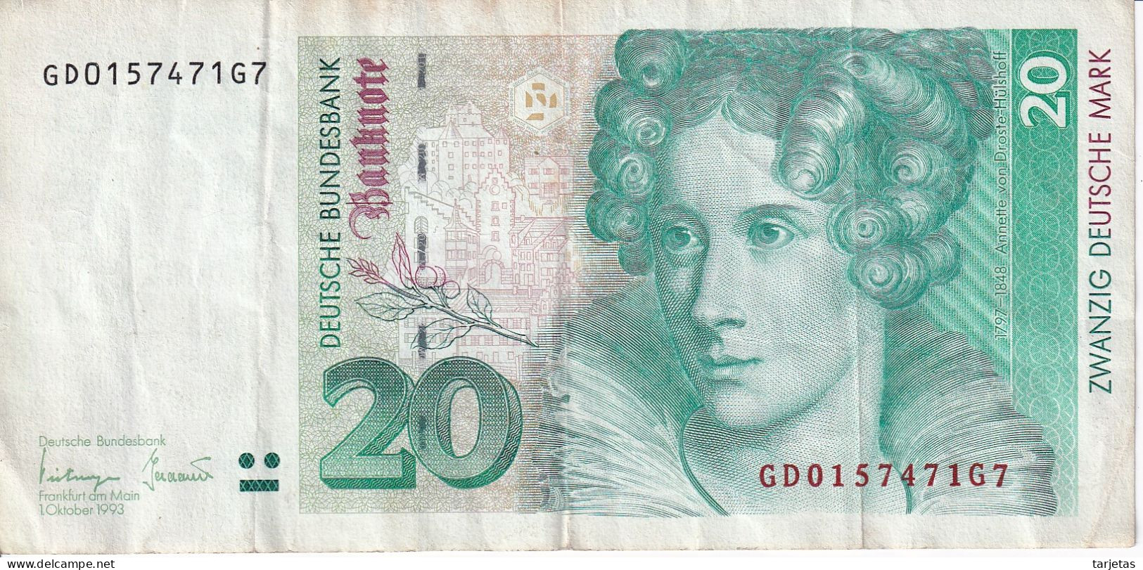 BILLETE DE ALEMANIA DE 20 MARK DEL AÑO 1993  (BANKNOTE) - 20 Deutsche Mark