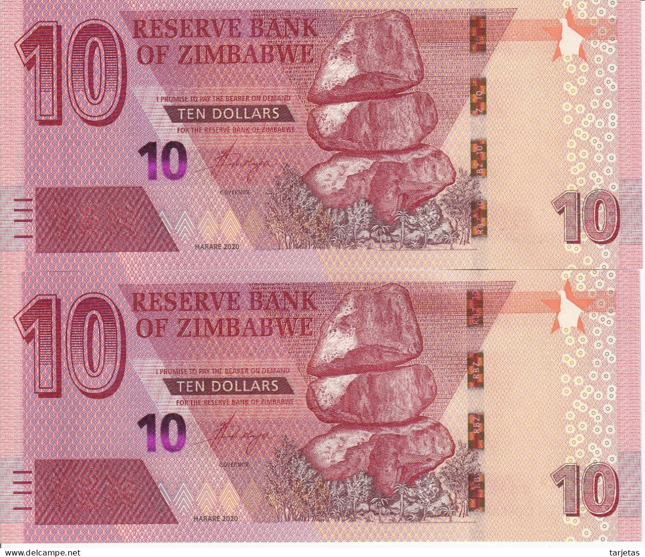 PAREJA CORRELATIVA DE ZIMBAWE DE 10 DOLLARS DEL AÑO 2020 SIN CIRCULAR (UNC) (BUFALO) - Zimbabwe