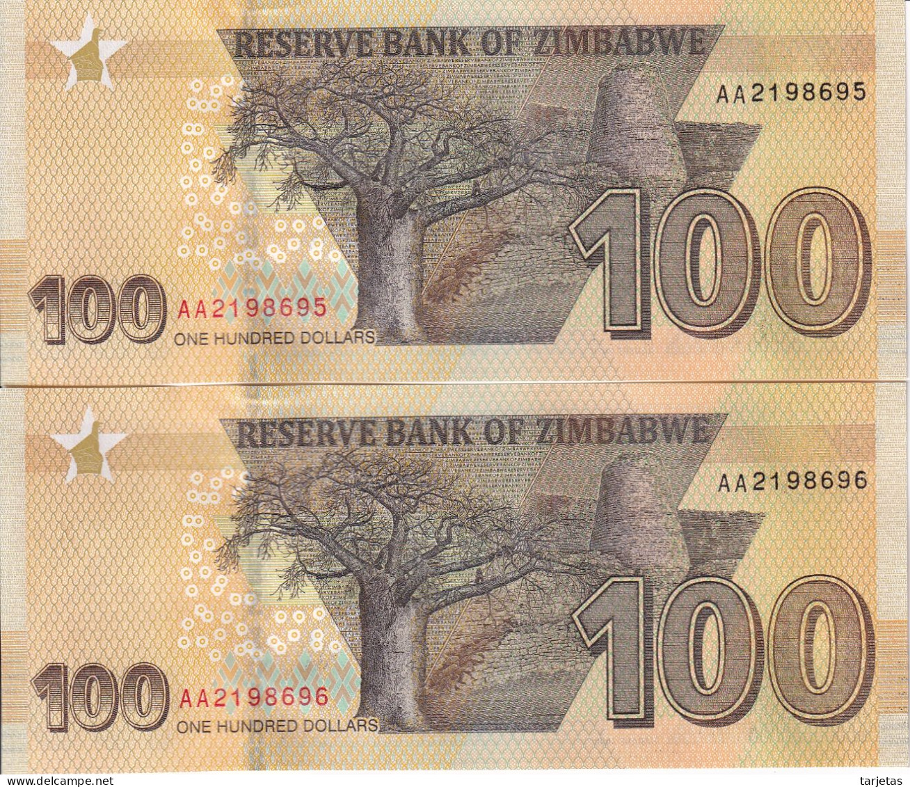 PAREJA CORRELATIVA DE ZIMBAWE DE 100 DOLLARS DEL AÑO 2020 SIN CIRCULAR (UNC) (BAOBAB) - Zimbabwe