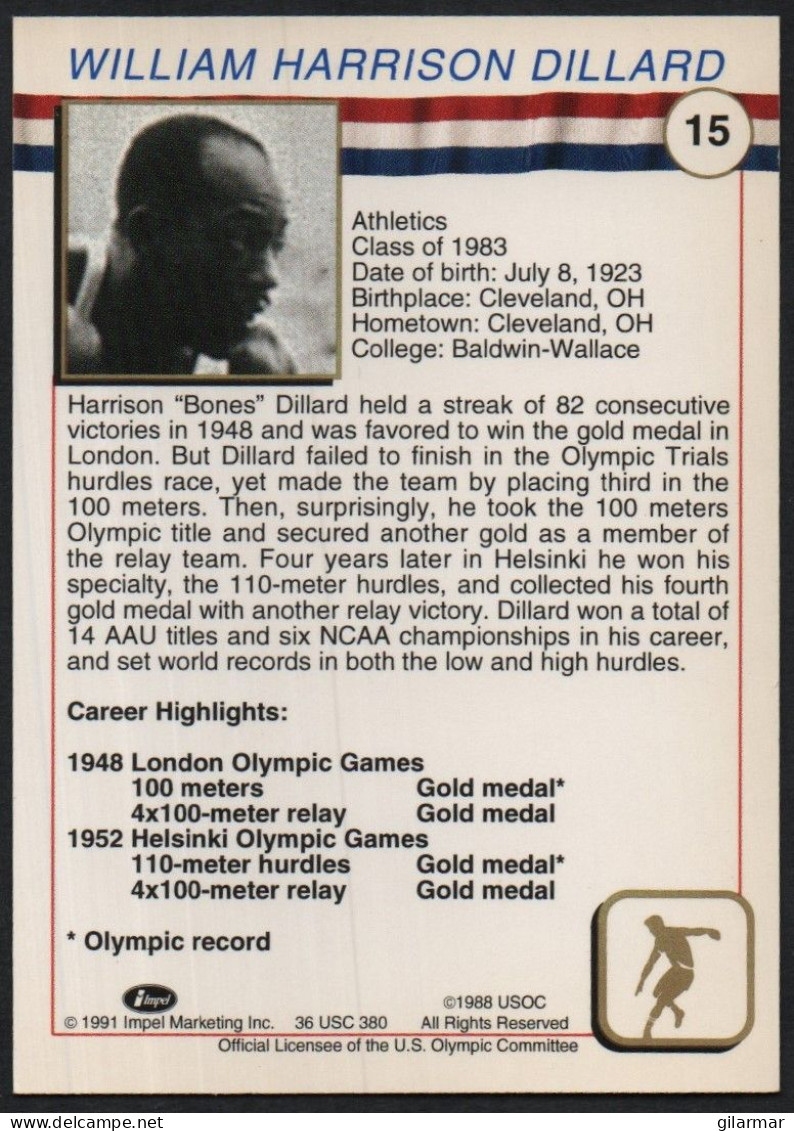 UNITED STATES - U.S. OLYMPIC CARDS HALL OF FAME - ATHLETICS - HARRISON DILLARD - SPEED RACES & 110 Mt HURDLES - # 15 - Tarjetas