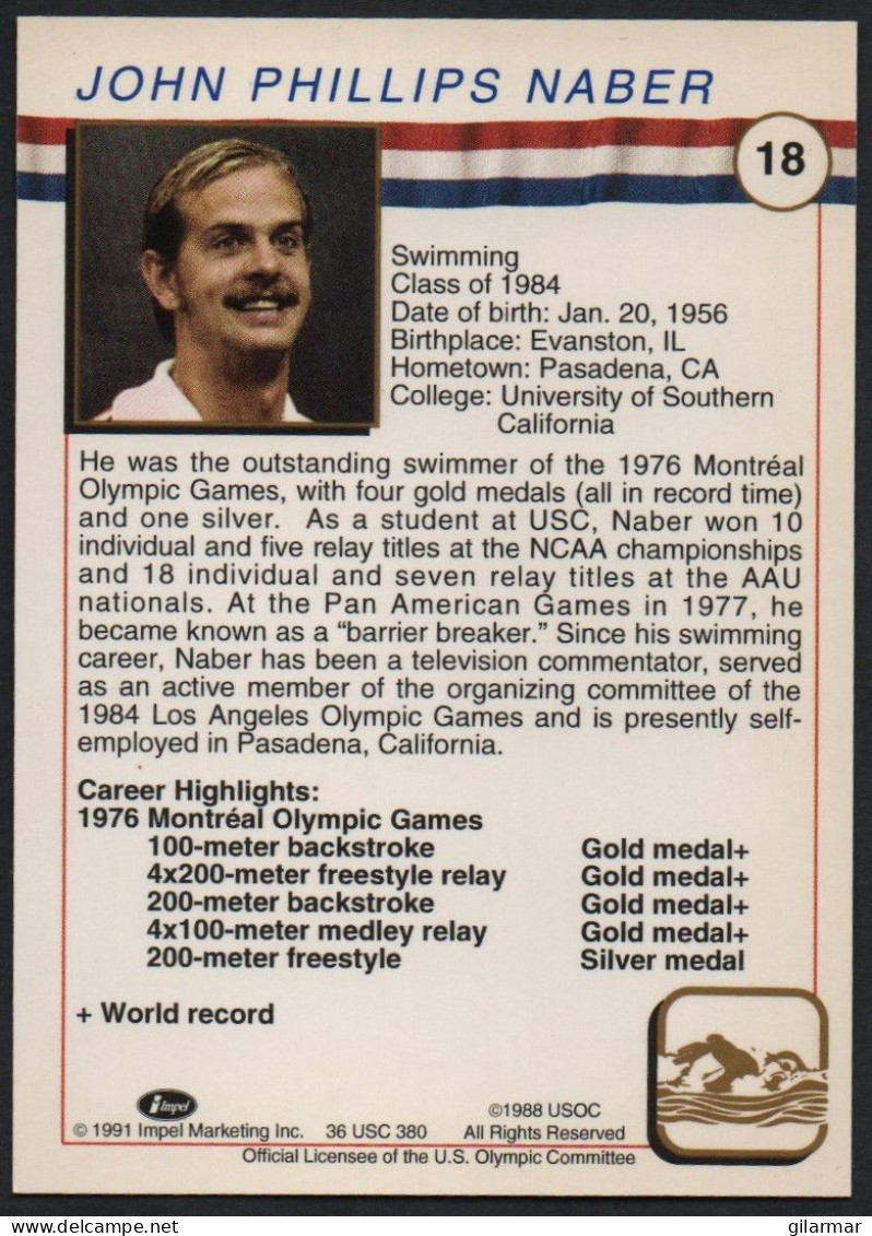 UNITED STATES - U.S. OLYMPIC CARDS HALL OF FAME - SWIMMING - JOHN NABER - # 18 - Trading Cards