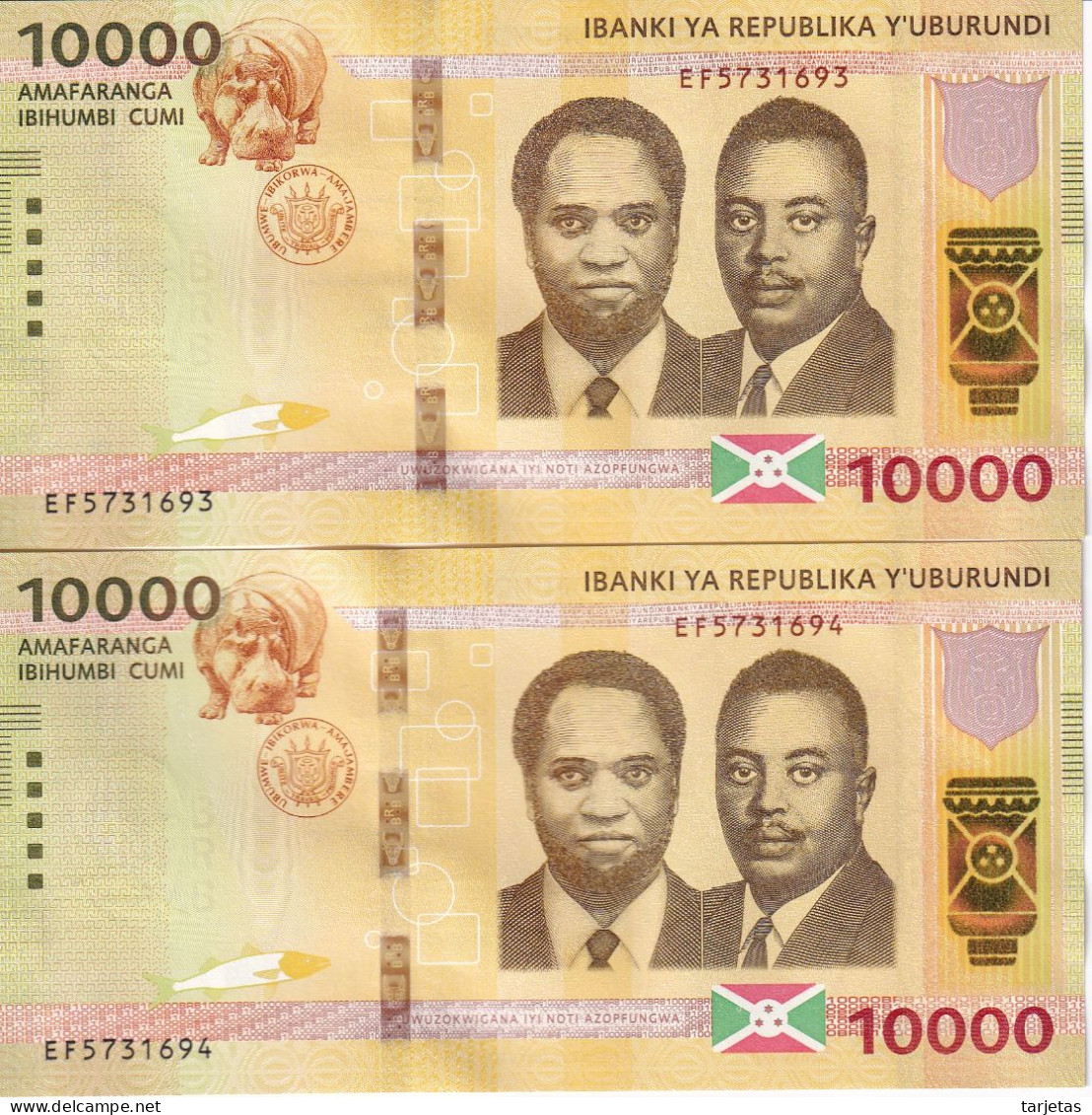 PAREJA CORRELATIVA DE BURUNDI DE 10000 FRANCS DEL AÑO 2018 SIN CIRCULAR (UNC) (BANK NOTE) HIPOPOTAMO-HIPPO - Burundi