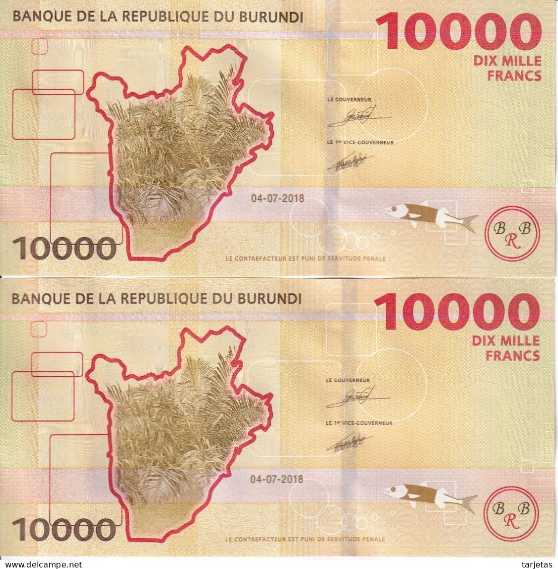 PAREJA CORRELATIVA DE BURUNDI DE 10000 FRANCS DEL AÑO 2018 SIN CIRCULAR (UNC) (BANK NOTE) HIPOPOTAMO-HIPPO - Burundi