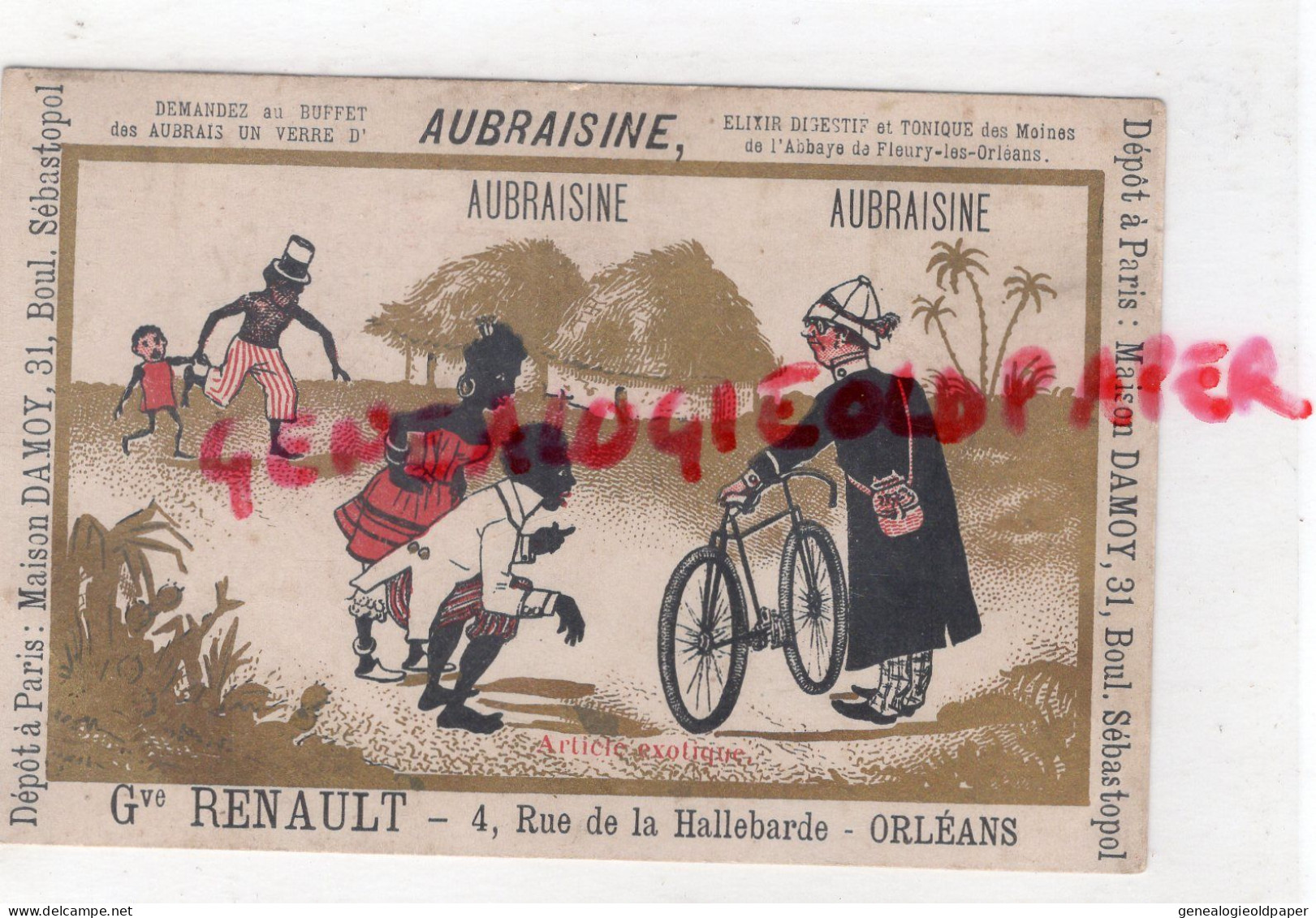 45- FLEURY LES ORLEANS-CHROMO AUBRAISINE -ELIXIR DIGESTIF VELO CYCLISTE-CYCLISME- GUSTAVE RENAULT RUE HALLEBARDE - Altri & Non Classificati