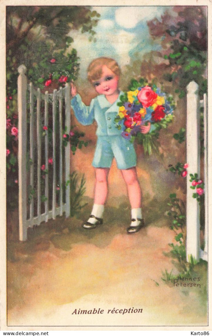 Hannes PETERSEN * Cpa Illustrateur * Aimable Réception * Enfant Et Bouquet De Fleurs - Petersen, Hannes