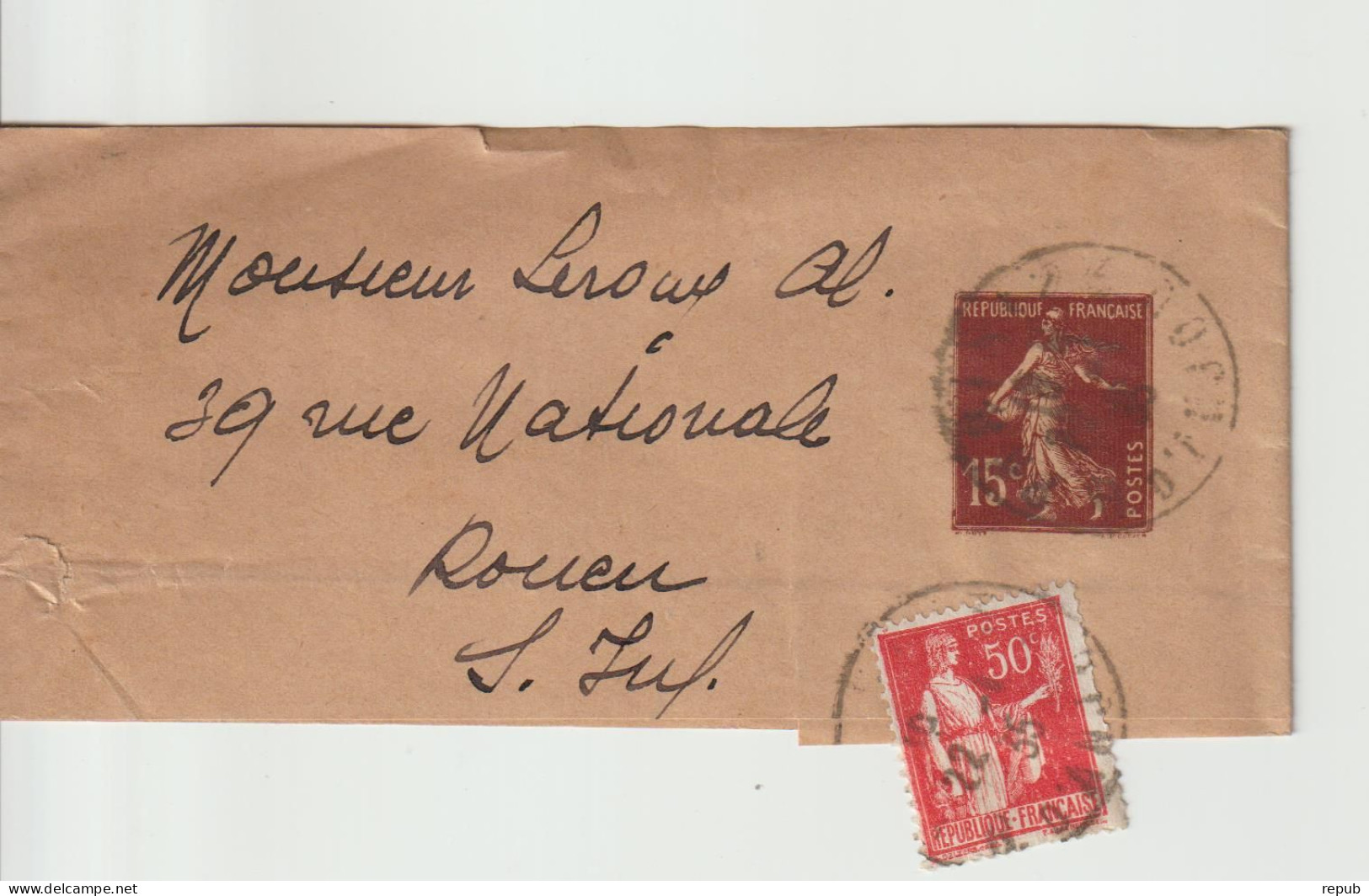 France Bande Pour Journaux  15c Semeuse Oblit 1935 Paris Avec Complément 50c Paix - Bandes Pour Journaux