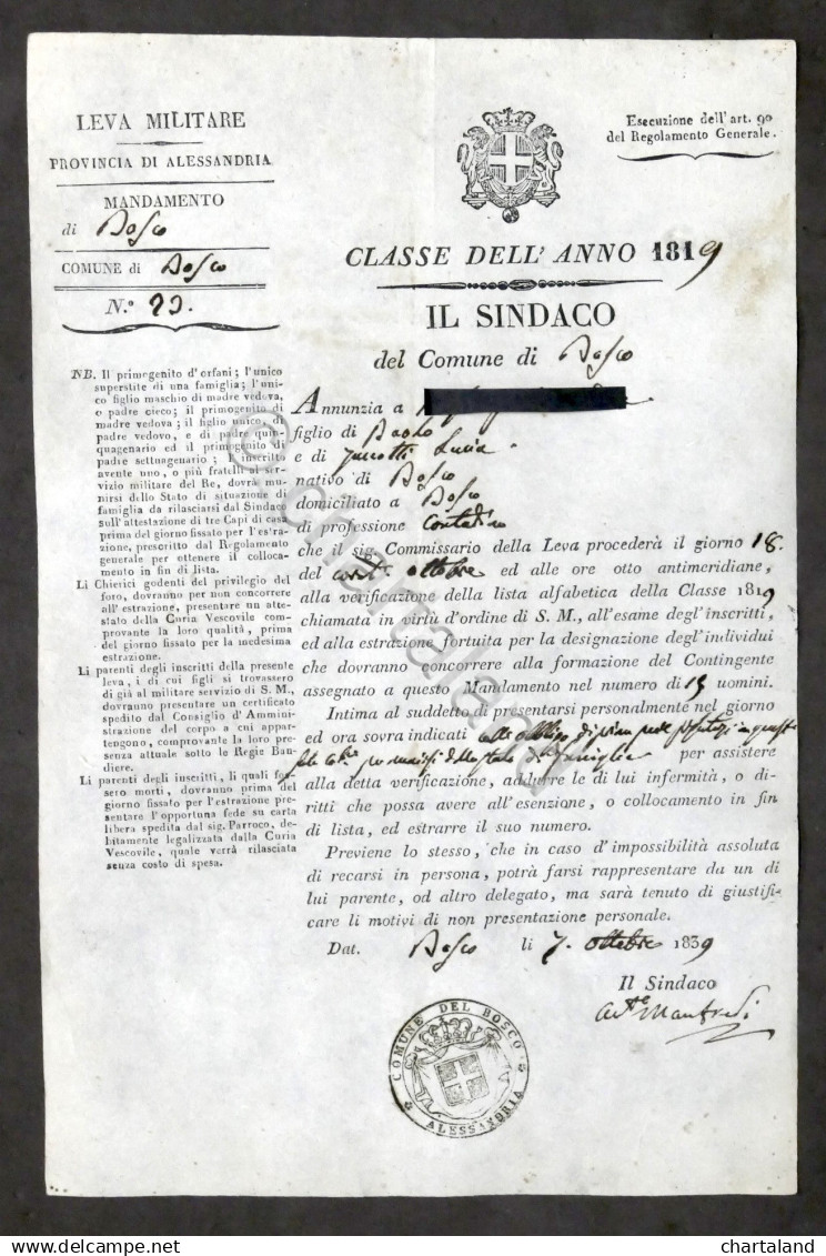 Leva Militare - Comune Di Bosco (Alessandria) - Avviso Di Convocazione - 1839 - Documents