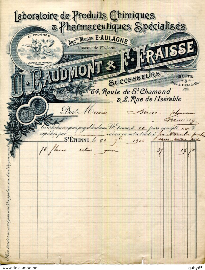 FACTURE.SAINT ETIENNE.LABORATOIRE DE PRODUITS CHIMIQUES & PHARMACEUTIQUES.BAUDMONT & FRAISSE 64 ROUTE DE SAINT CHAMOND. - Perfumería & Droguería