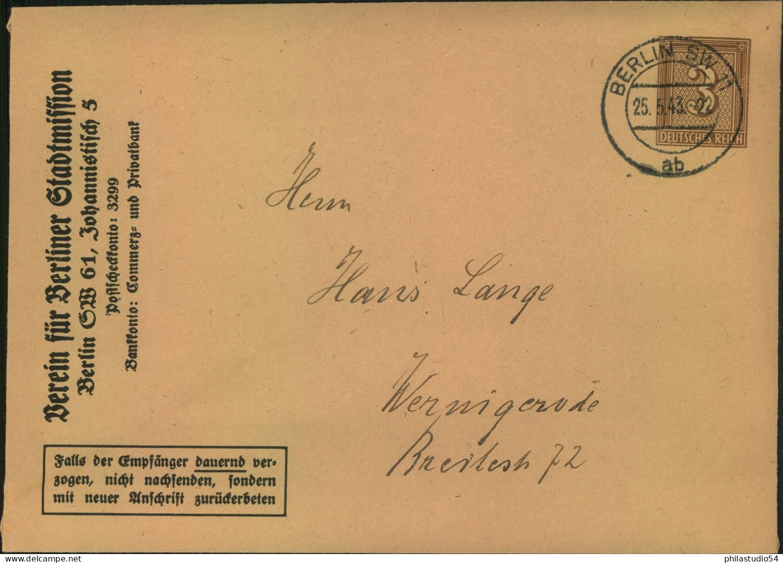 1943, 3 Pf. Privat Ganzsachenumschlag "Verein Für Berliner Stadtmission" - Storia Postale
