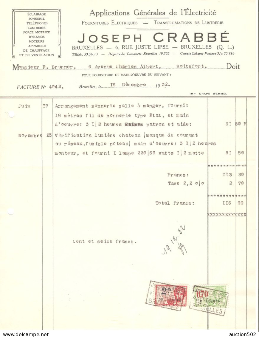 Facture 1932 Bruxelles - Bruxelles (Q.L.)  Joseph Crabbé Applications Générales De L'Electricité TP Fiscaux - Électricité & Gaz