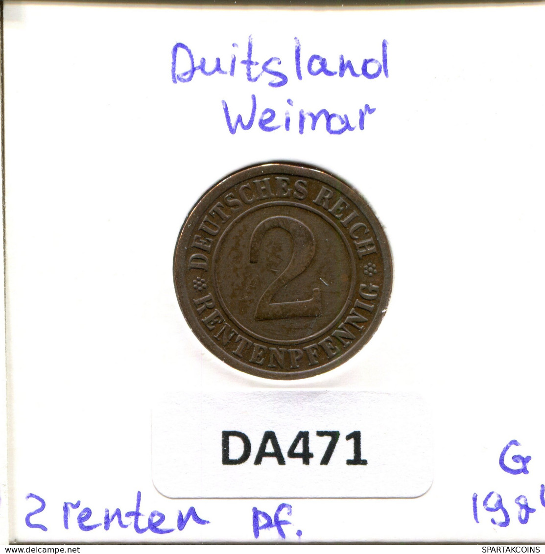 2 RENTENPFENNIG 1924 G DEUTSCHLAND Münze GERMANY #DA471.2.D - 2 Rentenpfennig & 2 Reichspfennig
