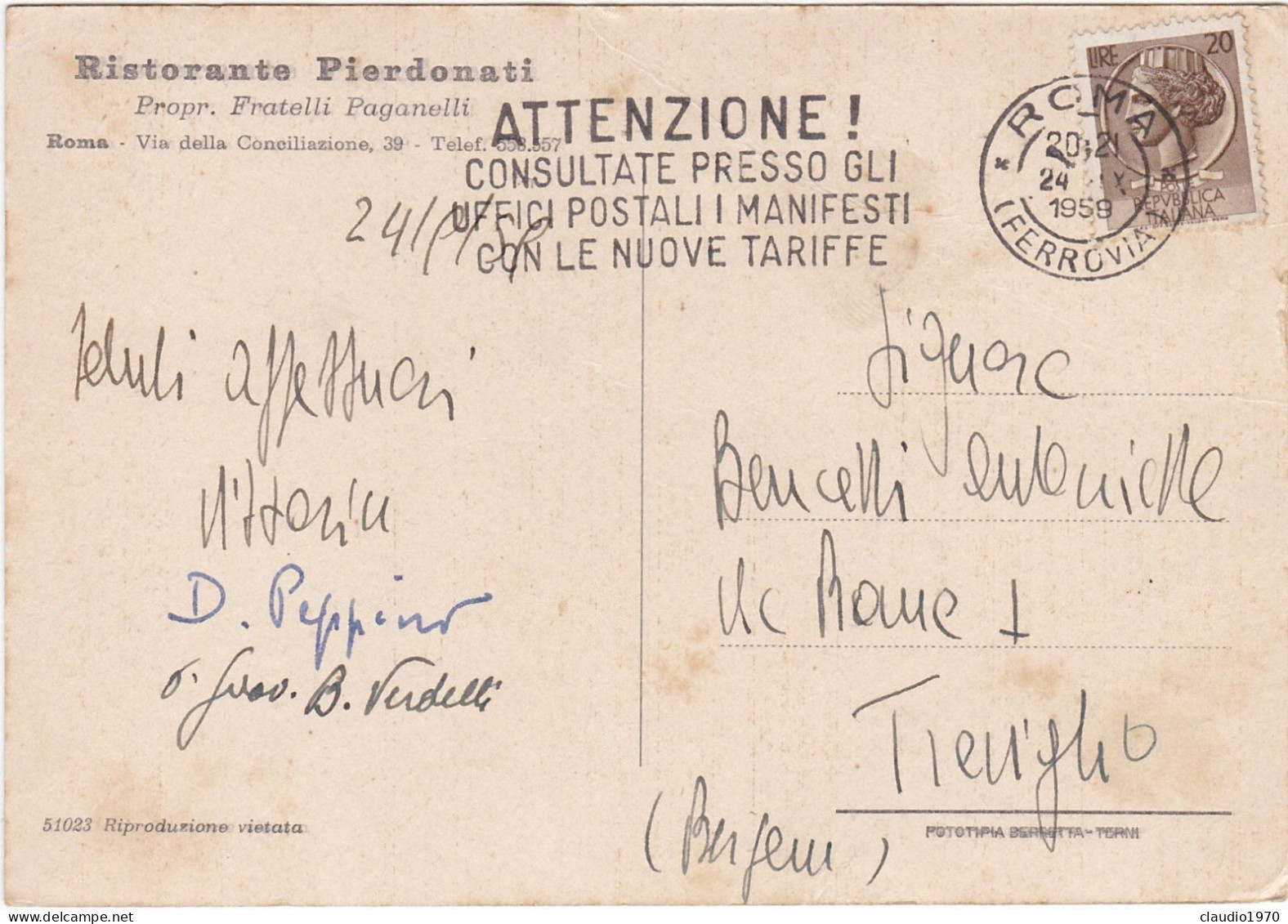 ROMA - CARTOLINA - RISTORANTE PIERDONATI - VG. PER TREVIGLIO (BG) 1959 - Stadia & Sportstructuren