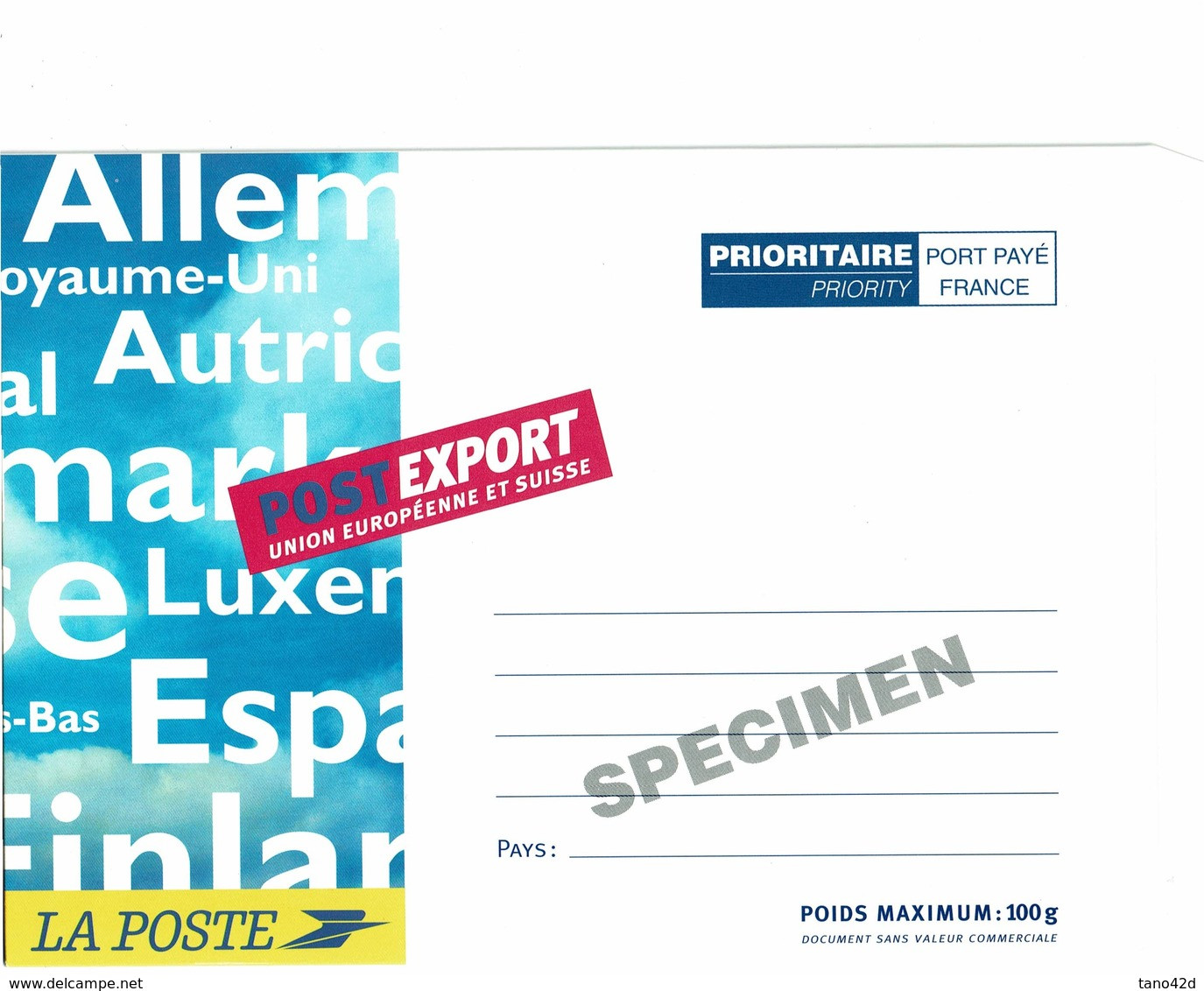 PAP POSTEXPORT UE ET SUISSE 100g SURCHARGE SPECIMEN - Specimen