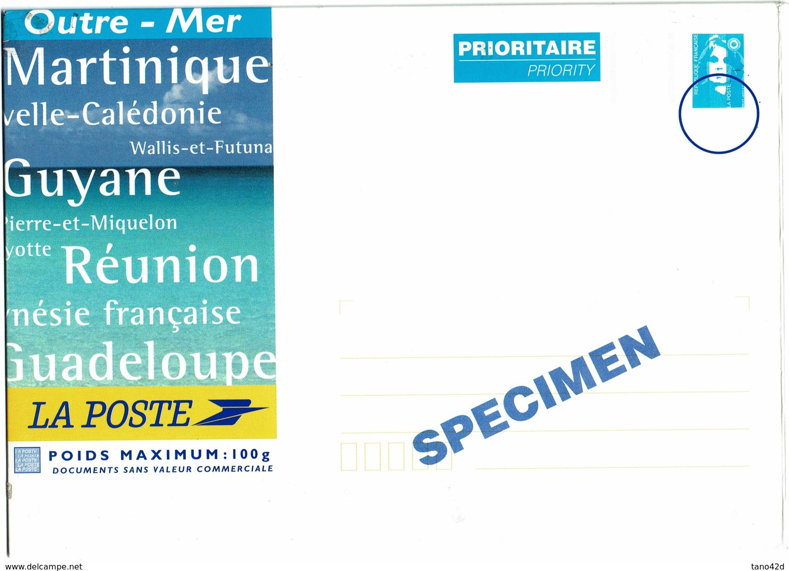 PAP OUTREMER BRIAT 100g SURCHARGE SPECIMEN FONCEE - Specimen