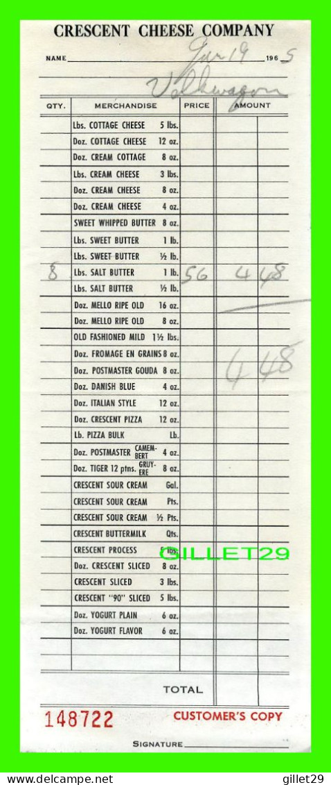 FACTURE DE : CIE FROMAGE CRESCENT CO, Ave DU PARK, MONTRÉAL, QUÉBEC - FACTURE DE 4,48$ No 148722 EN 1965 - - Kanada