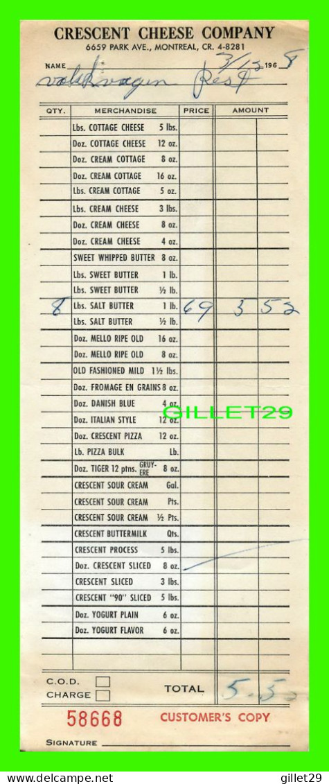 FACTURE DE : CIE FROMAGE CRESCENT CO, Ave DU PARK, MONTRÉAL, QUÉBEC - FACTURE DE 5,52$ No 58668 EN 1968 - - Kanada