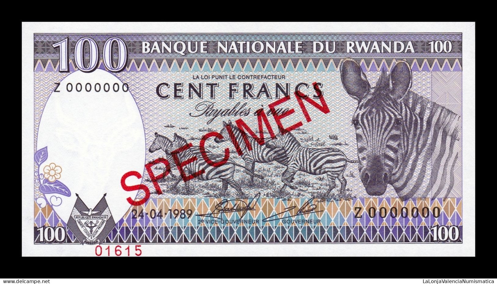 Ruanda Rwanda 100 Francs 1989 Pick 19s Specimen Sc Unc - Ruanda