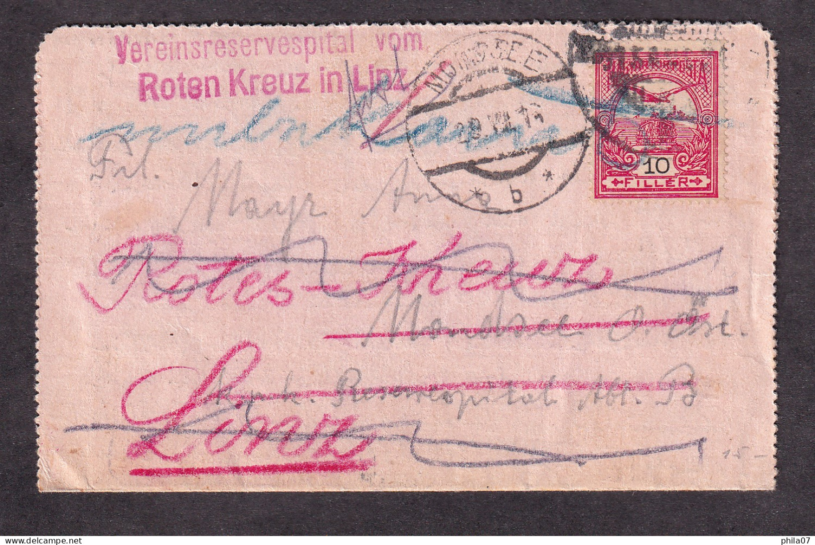 HUNGARY WWI - Closed Stationery Sent From Hungary To Mondsee 29.07. 1916. And Re-addressed To Hospital Of Red/ 4 Scans - Other & Unclassified