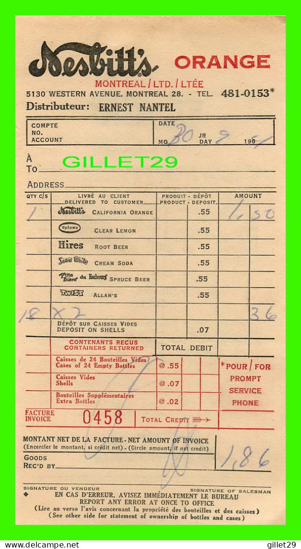 FACTURE DE : SOFT DRINK, NESBITT'S ORANGE, Rue WESTERN, MONTRÉAL, QUÉBEC - FACTURE DE 1,86$ No 0458 EN 1964 - - Canada