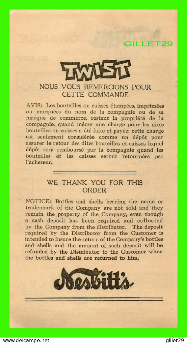 FACTURE DE : SOFT DRINK, NESBITT'S ORANGE, Rue WESTERN, MONTRÉAL, QUÉBEC - FACTURE DE 1,86$ No 0458 EN 1964 - - Canada