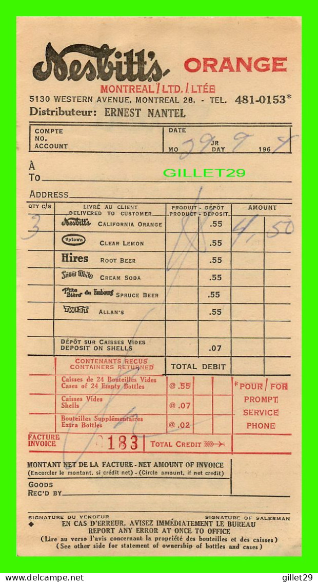 FACTURE DE : SOFT DRINK, NESBITT'S ORANGE, Rue WESTERN, MONTRÉAL, QUÉBEC - FACTURE DE 4,50$ No183 EN 1964 - - Kanada