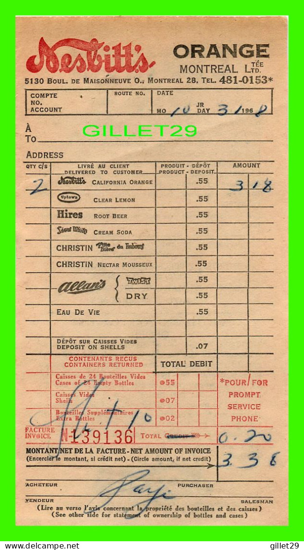 FACTURE DE : SOFT DRINK, NESBITT'S ORANGE, Rue WESTERN, MONTRÉAL, QUÉBEC - FACTURE DE 3,38$ No 139136 EN 1968 - - Kanada