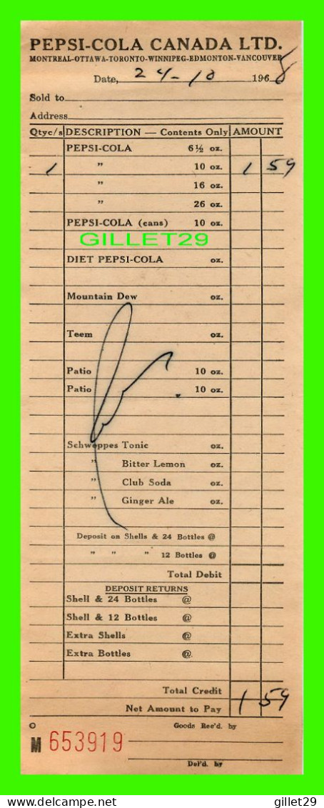 FACTURE DE : SOFT DRINK, PEPSI-COLA CANADA LTD - FACTURE DE 1,59$ No M653919 EN 1968 - - Canada