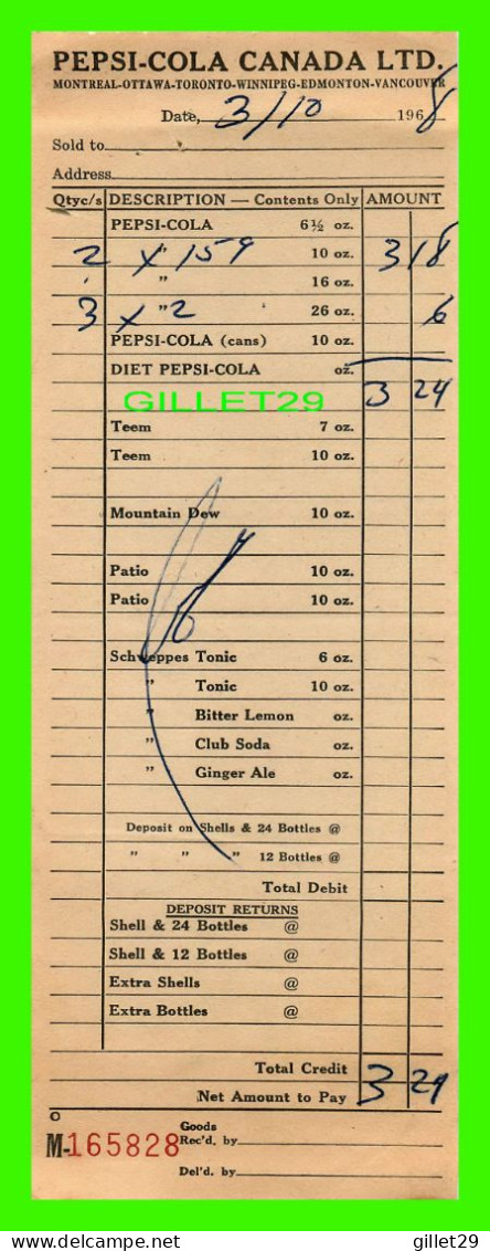 FACTURE DE : SOFT DRINK, PEPSI-COLA CANADA LTD - FACTURE DE 3,24$ No M165828 EN 1968 - - Kanada