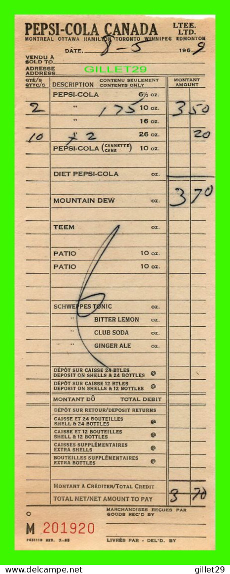 FACTURE DE : SOFT DRINK, PEPSI-COLA CANADA LTD - FACTURE DE 3,70$ No M201920 EN 1969 - - Canada