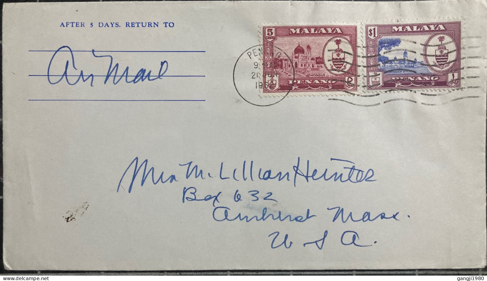 MALAYA-PENANG 1962, COVER USED TO USA, MOSQUE & GOVERNMENT OFFICE 2 STAMP, PENANG CITY CANCEL. - Malaya (British Military Administration)