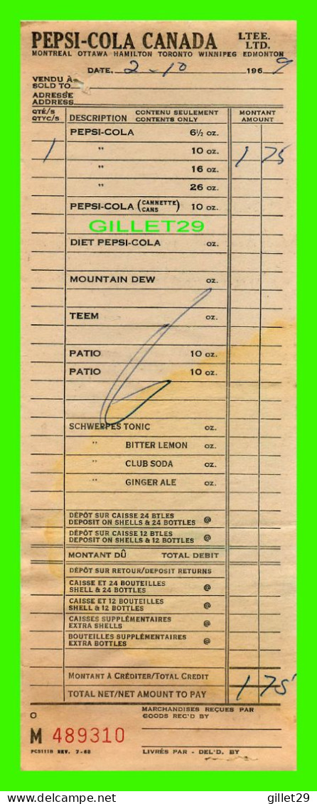 FACTURE DE : SOFT DRINK, PEPSI-COLA CANADA LTD - FACTURE DE 1,75$ No M489310  EN 1969 - - Kanada