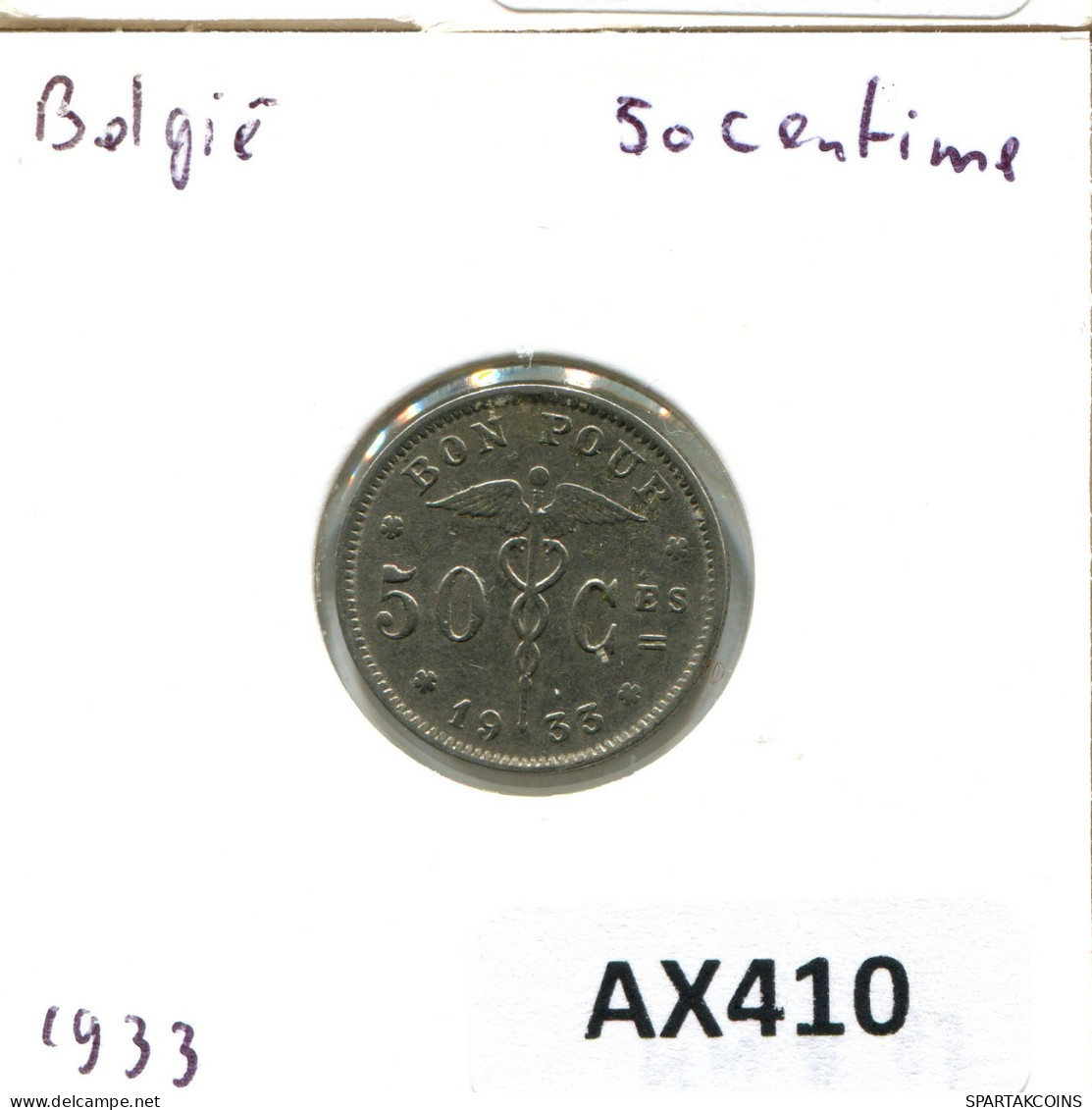 50 CENTIMES 1933 BELGIQUE BELGIUM Pièce FRENCH Text #AX410.F - 50 Cents