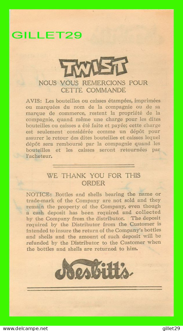 FACTURE DE : SOFT DRINK, NESBITT'S ORANGE, Ave WESTERN, MONTRÉAL, QUÉBEC - FACTURE DE 3,04$ No 07490 EN 1966- - Canadá