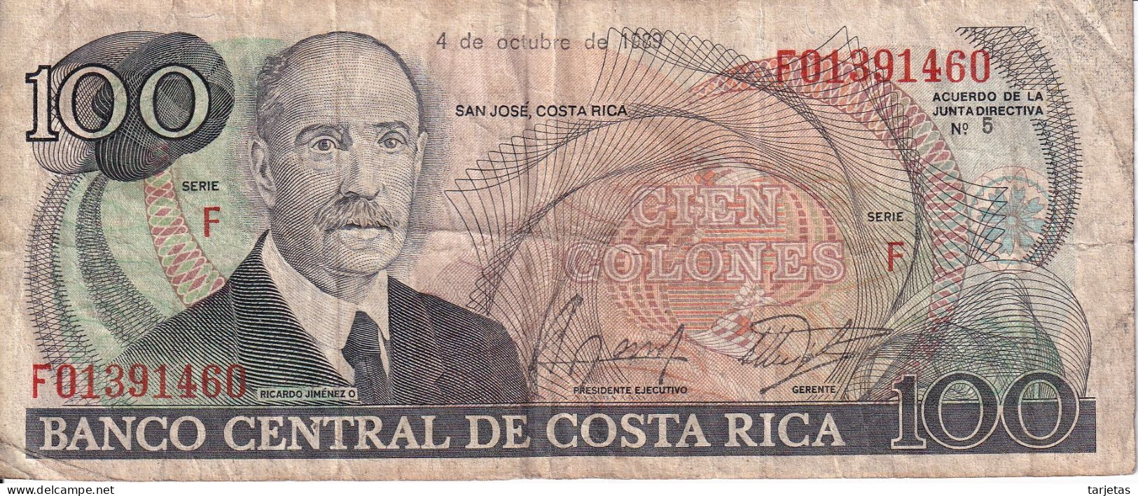 BILLETE DE COSTA RICA DE 100 COLONES DEL AÑO 1989 (BANKNOTE) - Costa Rica