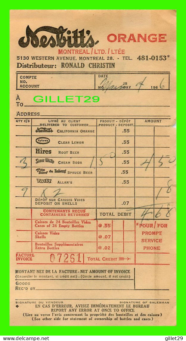 FACTURE DE : SOFT DRINK, NESBITT'S ORANGE, Ave WESTERN, MONTRÉAL, QUÉBEC - FACTURE DE 4,68$ No 07261 EN 1966- - Canada