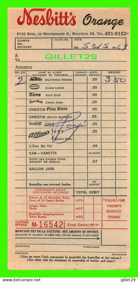 FACTURE DE : SOFT DRINK, NESBITT'S ORANGE, Ave WESTERN, MONTRÉAL, QUÉBEC - FACTURE DE 3,50$ No NA-16542 EN 1969- - Canada