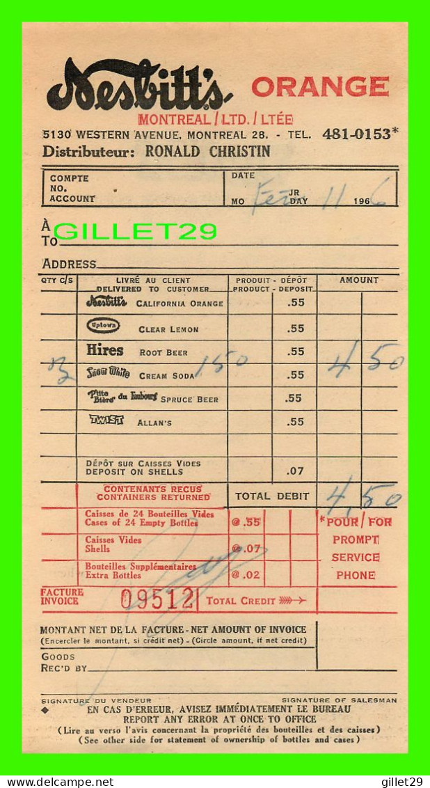 FACTURE DE : SOFT DRINK, NESBITT'S ORANGE, Ave WESTERN, MONTRÉAL, QUÉBEC - FACTURE DE 4,50$ No 09512 EN 1966 - - Canada