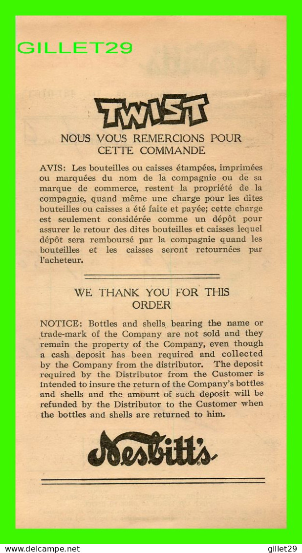 FACTURE DE : SOFT DRINK, NESBITT'S ORANGE, Ave WESTERN, MONTRÉAL, QUÉBEC - FACTURE DE 4,50$ No 09512 EN 1966 - - Kanada