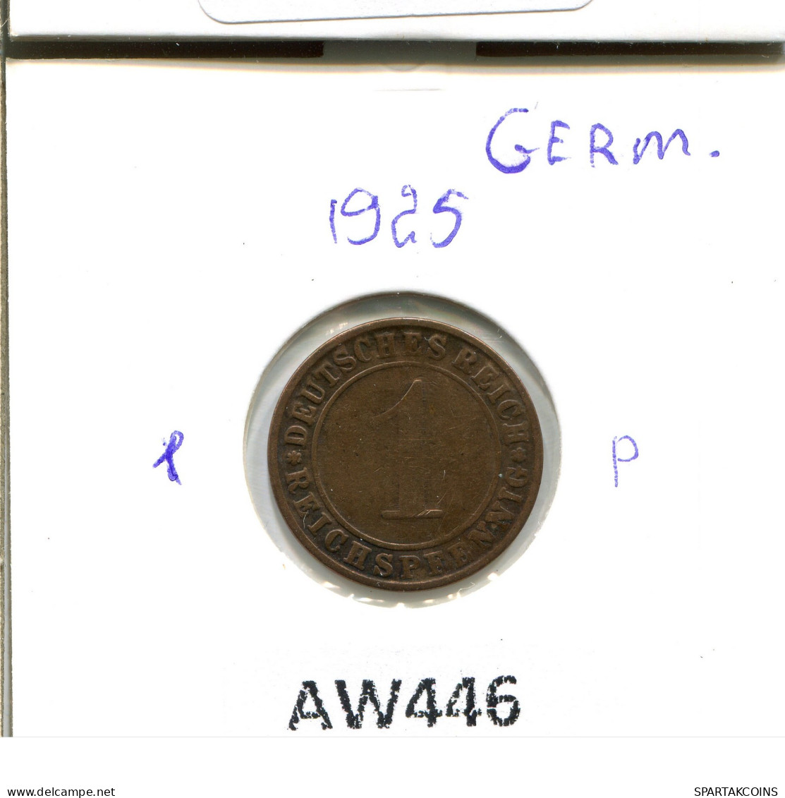 1 PFENNIG 1925 G ALEMANIA Moneda GERMANY #AW446.E - 1 Rentenpfennig & 1 Reichspfennig