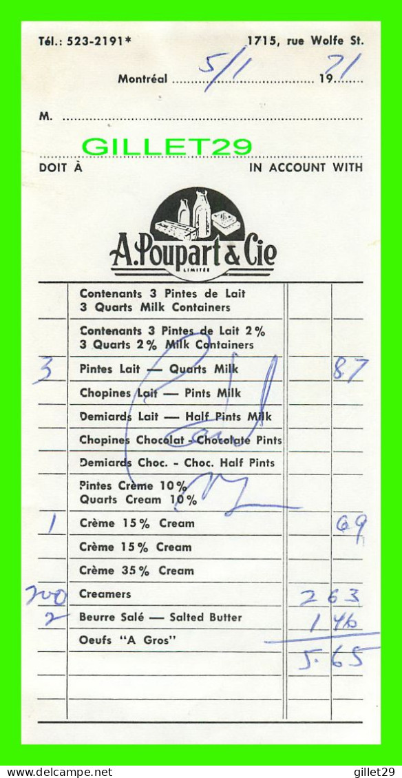 FACTURE DE : LAITERIE A. POUPART & CIE, Rue WOLFE, MONTRÉAL, QUÉBEC - FACTURE DE 5,65$ EN 1971 - Kanada