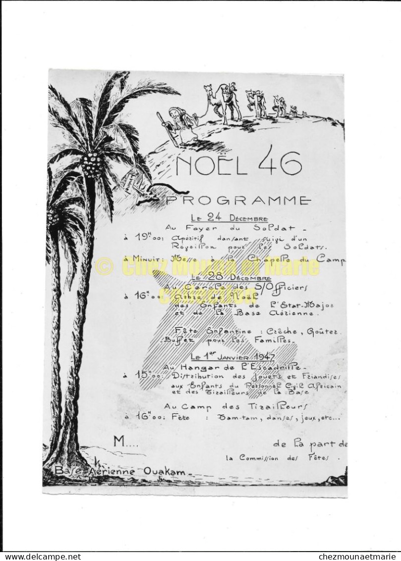 NOEL 1946 BASE AERIENNE OUAKAM DAKAR SENEGAL PROGRAMME SUR PAPIER PHOTO TAILLE 23X16 CM - Aviation