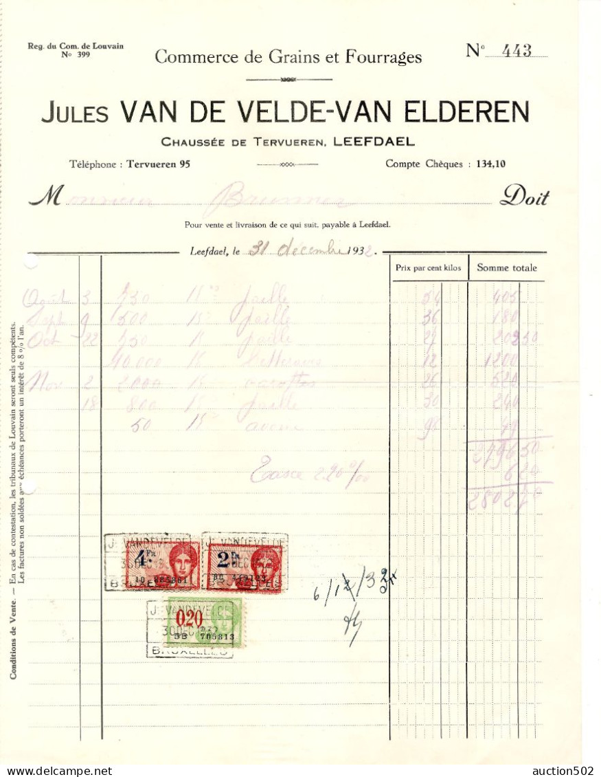 Facture 1932 Leefdael Jules Van De Velde - Van Elderen Commerce De Grains Et Fourrages TP Fiscaux - Lebensmittel