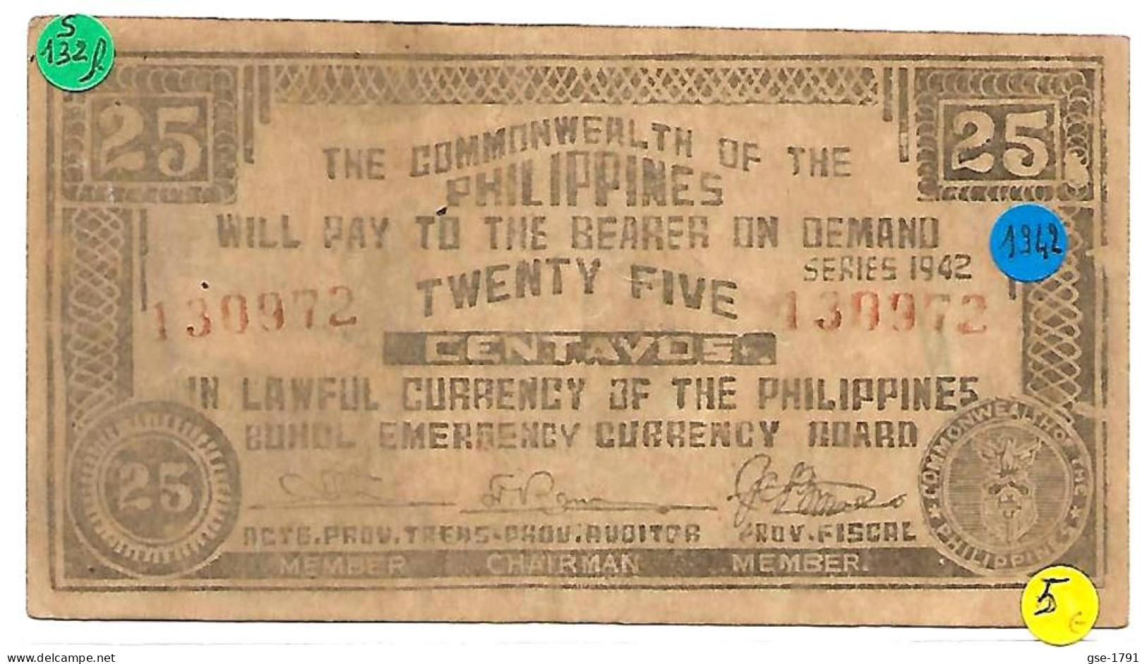 PHILIPPINES  GUERILLA   BOHOL Province  25 Centavos # 132 F   état NEUF - Philippines