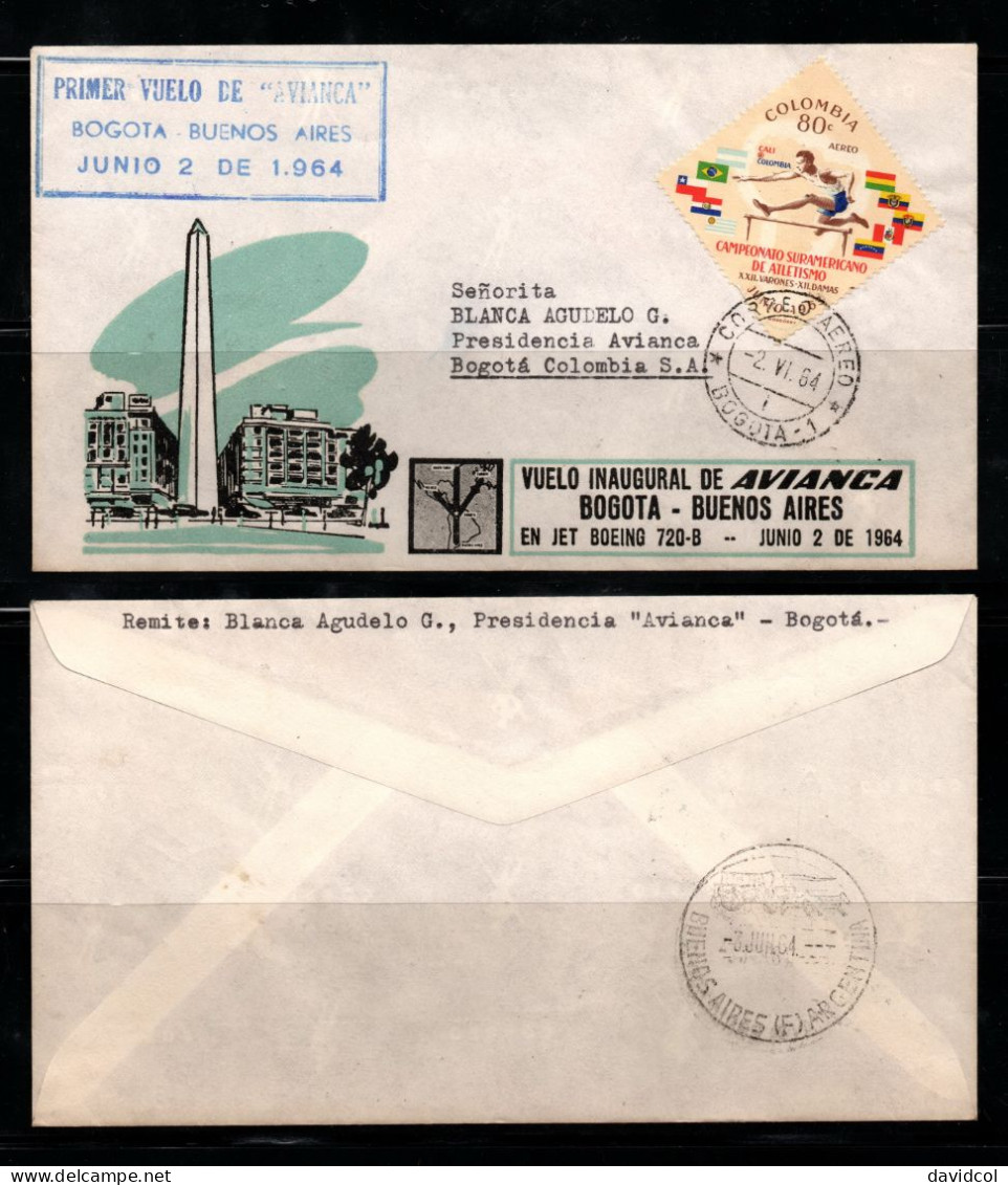 CA743- COVERAUCTION!!!.- COLOMBIA - 1964 - FIRST FLIGHT BOGOTA-BUENOS AIRES - FLAGS / SPORTS - Enveloppes