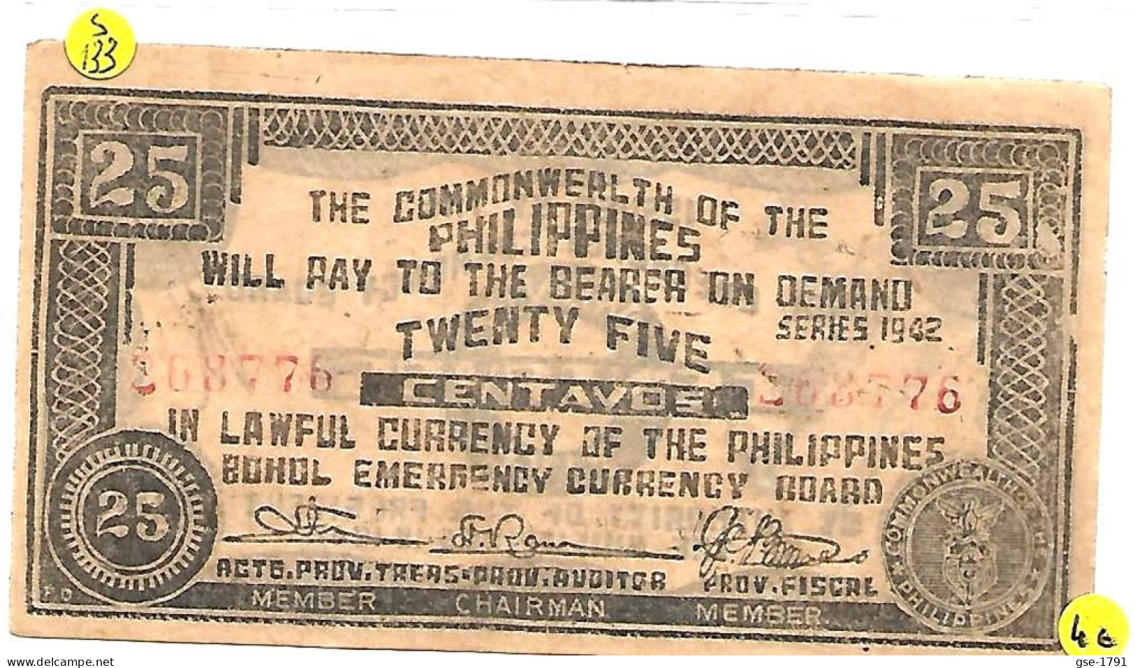 PHILIPPINES  GUERILLA   BOHOL Province  25 Centavos # 133   état NEUF - Philippines