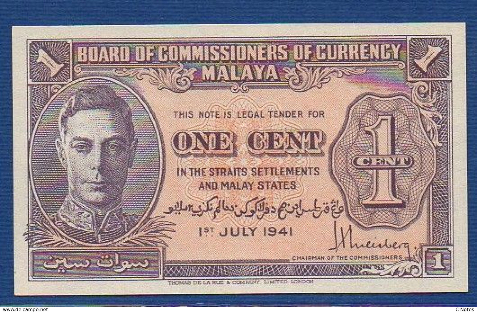 MALAYA - P. 6 – 1 Cent 01.07.1941 UNC, No S/n  -"George VI" Issue - Malaysie