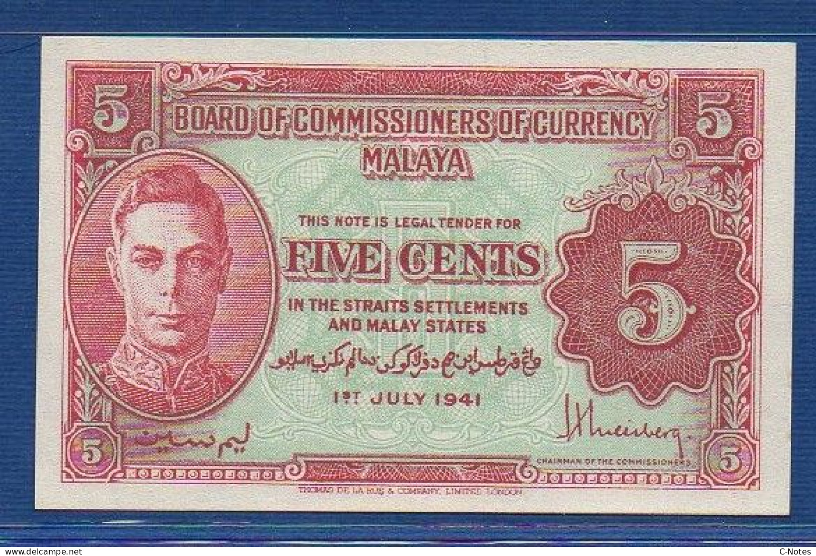 MALAYA - P. 7a – 5 Cents 01.07.1941 UNC-, No S/n  -"George VI" Issue - Malaysie