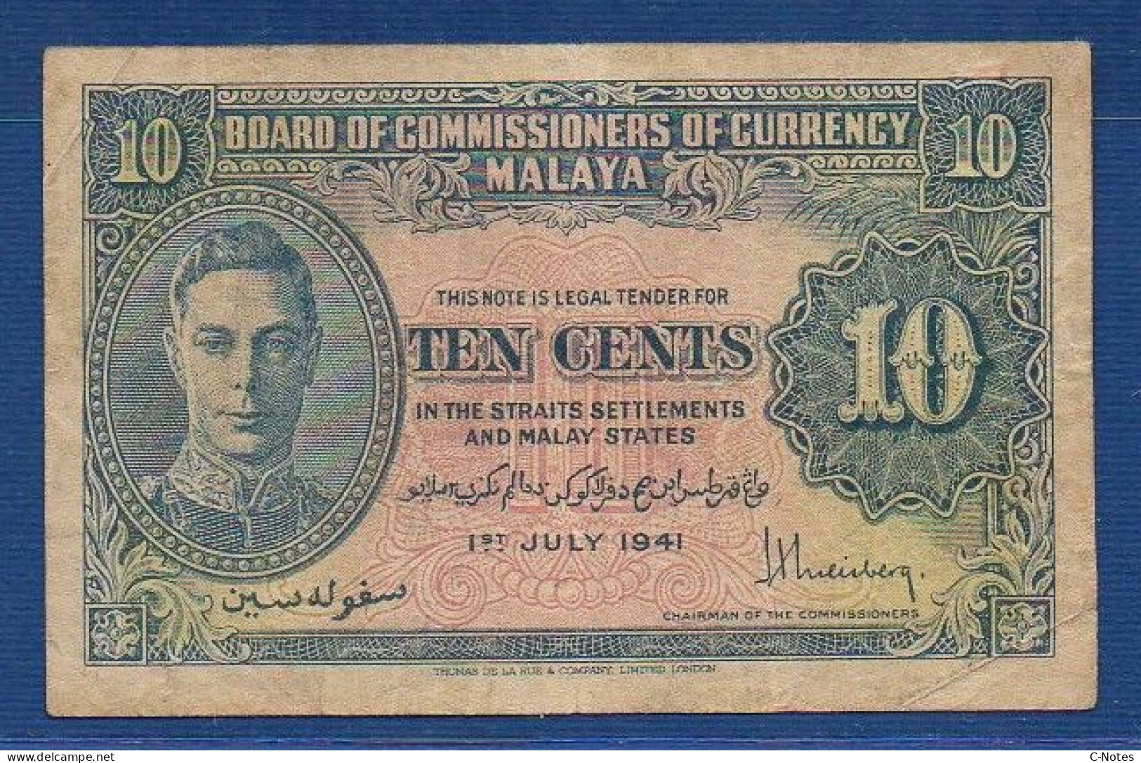 MALAYA - P. 8 – 10 Cents 01.07.1941 AVF, No S/n  -"George VI" Issue - Malasia