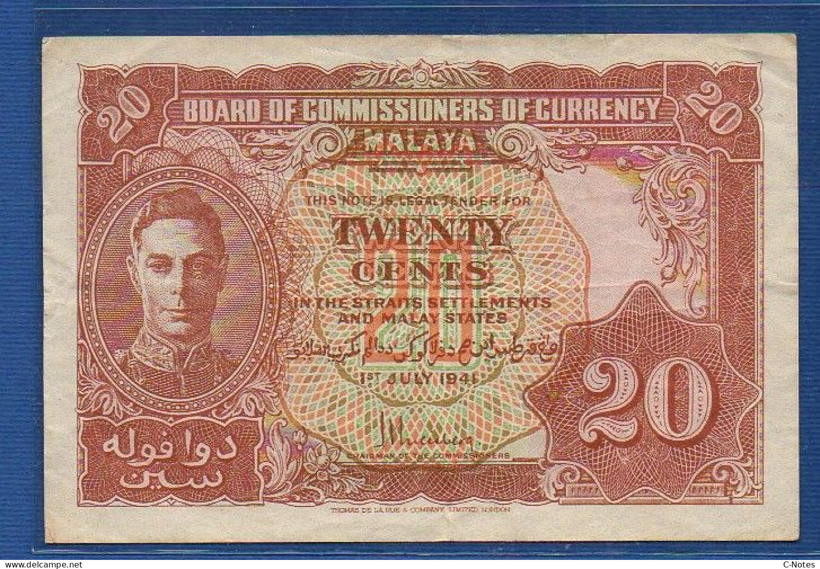 MALAYA - P. 9a – 20 Cents 01.07.1941 VF, No S/n  -"George VI" Issue - Maleisië