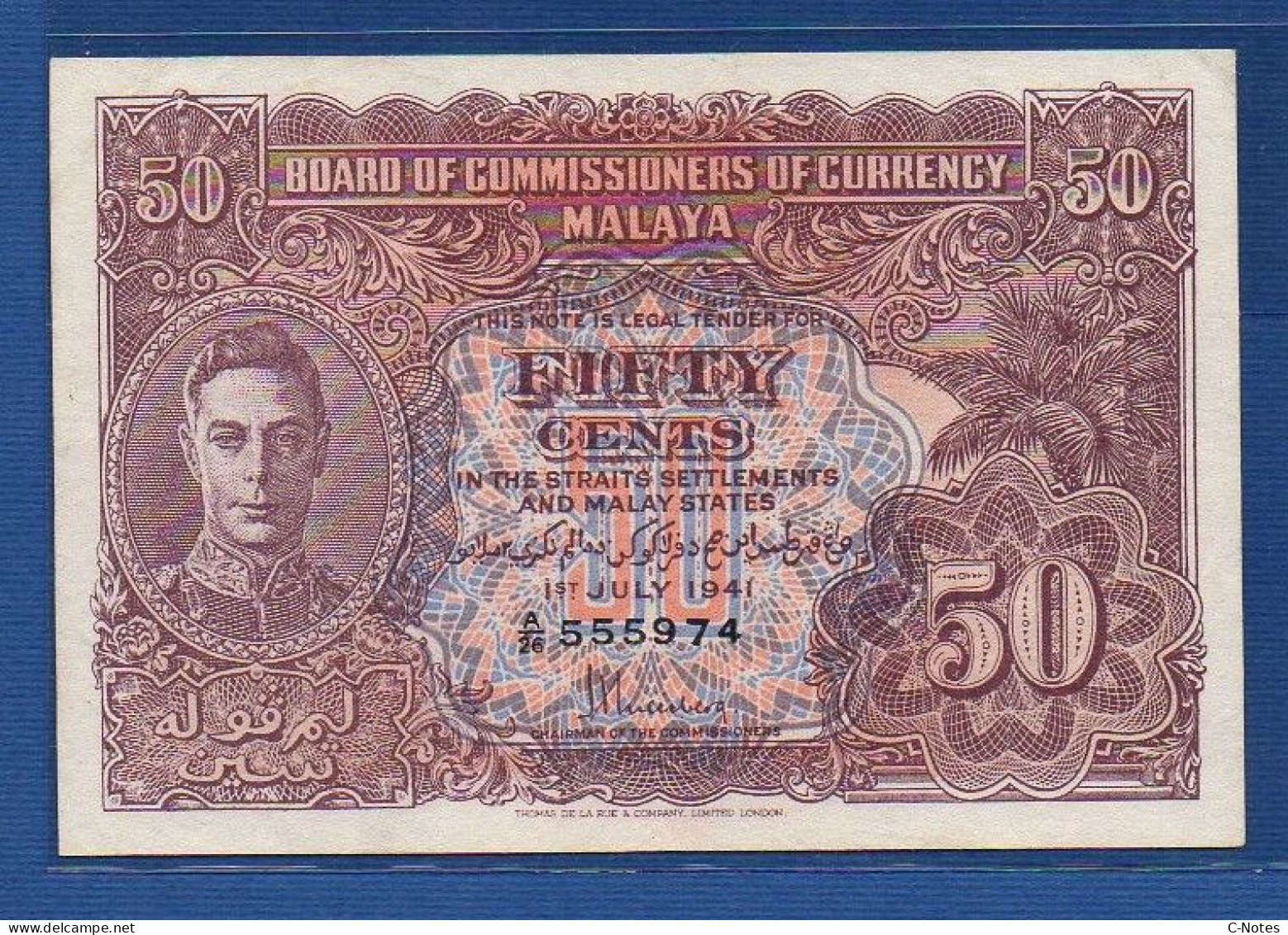 MALAYA - P.10b – 50 Cents 01.07.1941 XF+,  S/n  A/26 555974 -"George VI" Issue - Maleisië